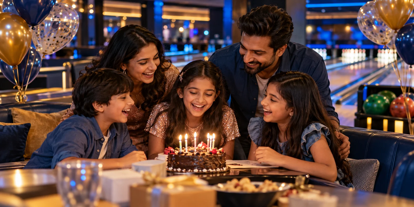 Illustrative Indian family enjoying a birthday celebration at a bowling centre